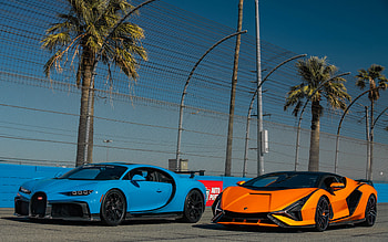 Lamborghini Sian, Bugatti Chiron, hypercars, racing cars, new orange Sian, new blue Chiron, supercars, Lamborghini, Bugatti HD wallpaper