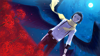 Persona Ryoji Mochizuki, night, wings, shin megami tensei, persona 3 fes, blue eyes, persona 3, persona 3 portable, persona, p3p, scarfs, flowers, ryoji mochizuki, red flowers moon HD wallpaper