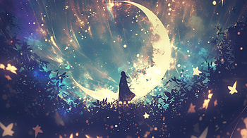 Anime Crescent Moon Night - Starry Sky, Anime, starry sky, new moon, crescent moon, moon HD wallpaper