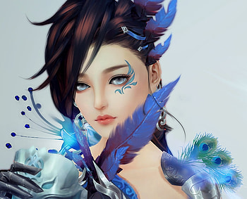 Beauty, blue, asian, girl, feather, fantasy, face, peacock, luminos, princess HD wallpaper