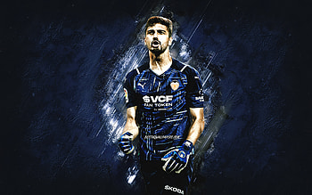 Giorgi Mamardashvili, Valencia CF, Georgian footballer, goalkeeper, blue stone background, La Liga, soccer, Spain HD wallpaper