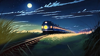 Anime train at night, AI Art, green, grass, train, Anime, nature, green anime, anime train HD wallpaper