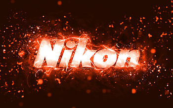 Nikon orange logo, , orange neon lights, creative, orange abstract background, Nikon logo, brands, Nikon HD wallpaper
