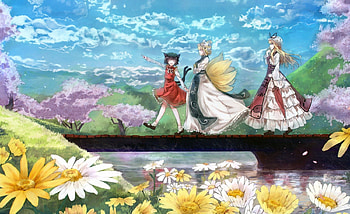 ~We're On Our Way~, yakumo ran, anime, yakumo yukari, touhou, sky, flowers, chen, friends HD wallpaper