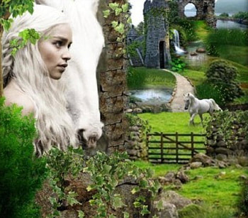 ♦ The Kingdom of Khaleesi ♦, Game of thrones, wonderful, kingdom, land, beauty, lady, femeninity, castle, word dream, hadacarolina, white, art, fabulous, magnificent, beautiful, woman, creation, fantasy, pretty, green, Khaleesi, white horse, dream HD wallpaper
