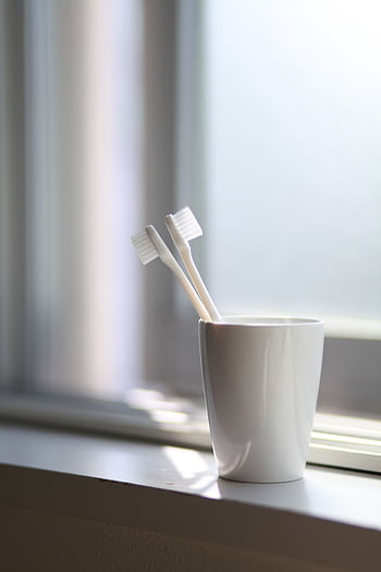 A simple, serene of two toothbrushes in a white cup on a windowsill. HD phone wallpaper