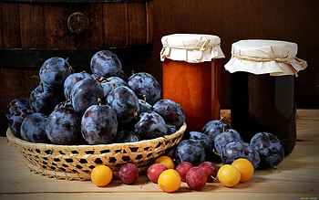 Plums and Jam, still life, plums, jam, pots HD wallpaper