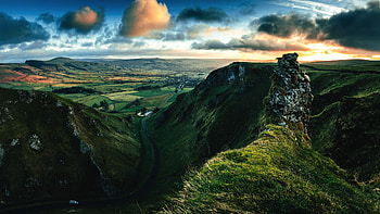 Road through valley, mountains, clouds, sky, nature, landscape HD wallpaper