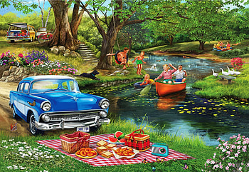 Good Times At The River, car, river, boat, painting, trees, people, vintage HD wallpaper