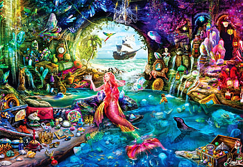 A Mermaid's Treasure by Aimee Stewart, birds, ship, cave, digital, pearls, colors HD wallpaper
