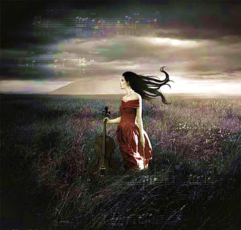 Music in my soul, musical notes, field, sky, flowers, cello, woman HD wallpaper