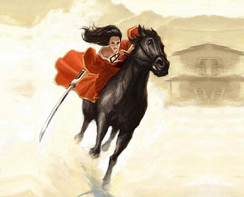 Riding To Battle, horse, sword, desert, building, wind storm, woman HD wallpaper