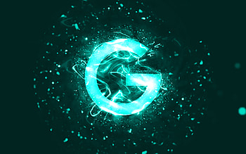 Google turquoise logo, , turquoise neon lights, creative, turquoise abstract background, Google logo, brands, Google HD wallpaper