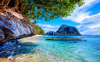 Philippines, beautiful nature, tropics, paradise, beach, palm trees, sea, blue water, travel concept, Asia, waves HD wallpaper