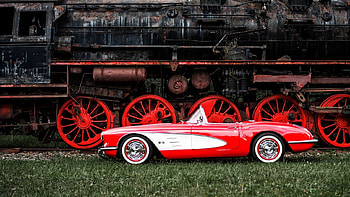 1957 Corvette and Steamer, Corvette, steamer, car, red, chevy, train, , vintage HD wallpaper