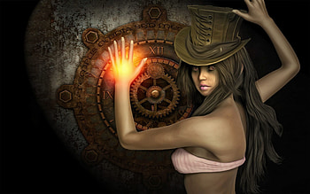 Steampunk Girl, digital, art, light, hat, woman HD wallpaper