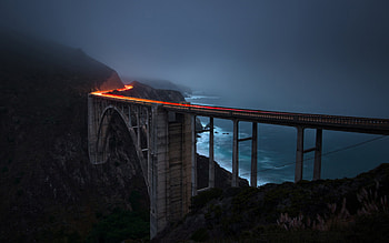 Bridge, Night, Fog, Highway, , Bixby Creek Bridge, Light, Time Lapse HD wallpaper