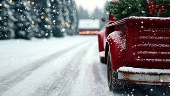 Christmas : Red Pickup Carrying Tree Down a Snowy Lane, Christmas HD wallpaper