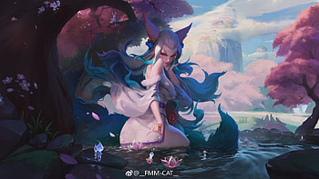 Ahri, pink, fmmcat, girl, fmm cat, fox, water, blue, art, fantasy HD wallpaper