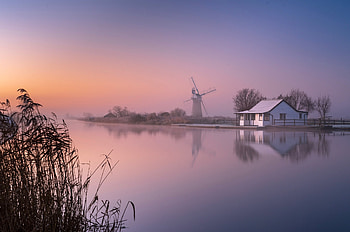 Morning Mill, Fog, Dawn, House, River HD wallpaper