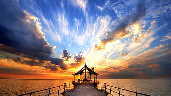 Pier at dusk, Beach, Sunset, Sky, Sea HD wallpaper