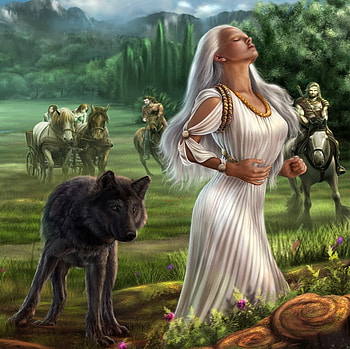 Equlibrium, abstract, fantasy, valley, princess, wolf, mountains, forest, warriors HD wallpaper