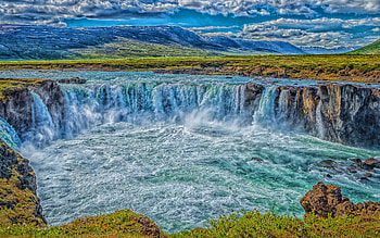 Godafoss, , R, waterfall, Icelandic landmarks, summer, Skjalfandafljot River, waterfalls of Iceland, beautiful waterfall, Iceland HD wallpaper