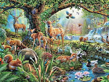 Deer family in the forest, animal, adrian chesterman, summer, fantasy, deer, luminos, water, forest, vara HD wallpaper