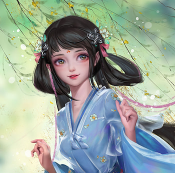 Fantasy girl, yanmin ji, blue, kimono, frumusete, fantasy, green, cute, girl HD wallpaper