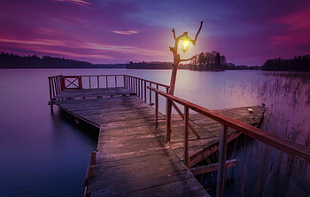 Purple Sunset, lanterns, pier, lake, clouds, nature, sky, splendor, sunset HD wallpaper