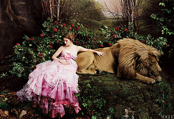 Beauty and the Beast, animal, annie leibovitz, girl, actress, lion, dress, woman, rose, pink, flower, green, princess, Drew Barrymore HD wallpaper