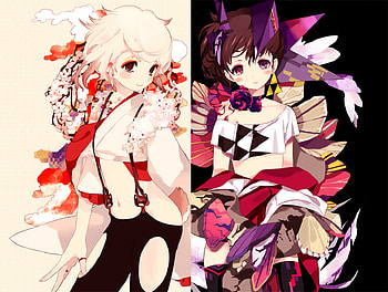 anime, brown hair, red eyes, yelow hair, two grils HD wallpaper