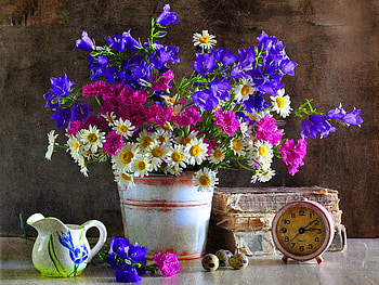 Still life, vase, beautiful, nice, old book, flowers, clock, lovely, harmony HD wallpaper