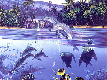 Dolphins, sky, abstract, water HD wallpaper