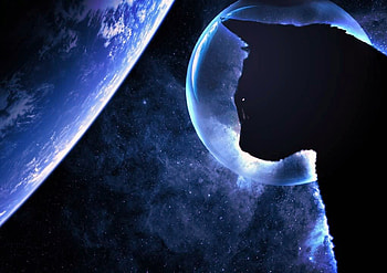 Spacecat, blue, black, planets, cat, silhouette HD wallpaper