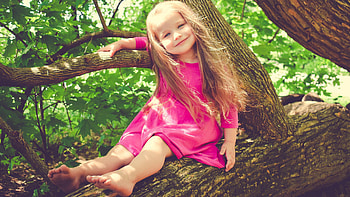 Smiley, Girl, Pink, Dress, Tree, Green, Leaves, Branches, Long, Hair, Cute Cute HD wallpaper