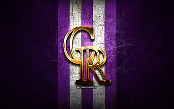 Colorado Rockies emblem, MLB, golden emblem, violet metal background, american baseball team, Major League Baseball, baseball, Colorado Rockies HD wallpaper