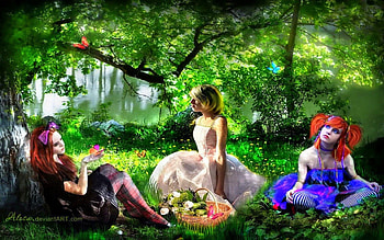 ✫Let's Enjoy a Picnic✫, colors, beautiful girls, digital art, tulips, basket, butterflies, animals, trees, attractions in dreams, garden, weird things people wear, people, creative pre-made, love four seasons, manipulation, cool, softness beauty, models, girls, flowers, women HD wallpaper