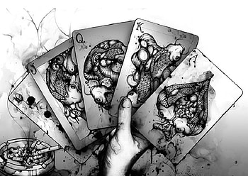 In Spades, artwork, poker, white, black, cards, fantasy, royal flush, hand HD wallpaper