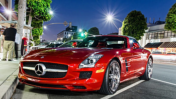 a beautiful red mercedes convetible, night, convertible, lights, car, red, street, parked HD wallpaper