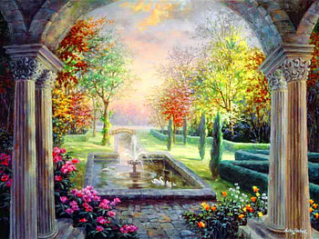 Garden tranquility, colorful, alleys, spring, serenity, beauty, nice, quiet, painting, arch, fountain, tranquility, art, garden, paradise, beautiful, park, summer, pretty, nature, flowers, lovely, calmness HD wallpaper