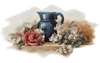 Rose and Pitcher Still Life F, artwork, rose, still life, wide screen, pitcher, painting, art, blossoms HD wallpaper