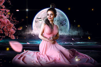 Spring night, night, pink, full, moon, minidem, girl, dress, fanasy, petals HD wallpaper