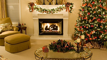 Fireplace burner, Christmas tree ambiance, Room full of warmth HD wallpaper