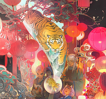 Year of the Tiger, manga, wenjun lin, tiger, art, big cat, chinese, orange, pink, fantasy, anime, zodiac, tigru, lantern HD wallpaper