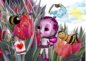 Bee and the Bug, tulip, ladybug, bee, red HD wallpaper