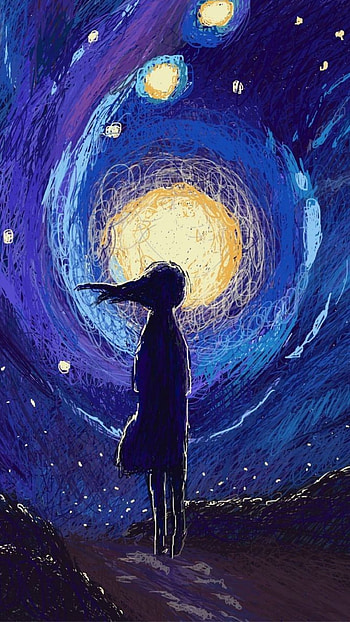 Una noche estrellada, bonito, chicas, azul, arte HD phone wallpaper