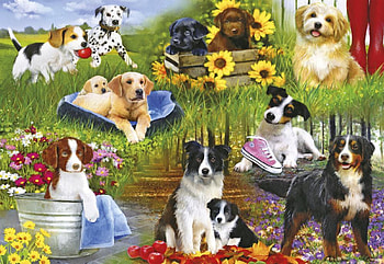 Playful Pups, summer, painting, dogs, garden, flowers HD wallpaper