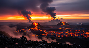 Volcanic Landscape: Lava Twilight, volcanic landscape, volcano, lava, eruption, smoke HD wallpaper