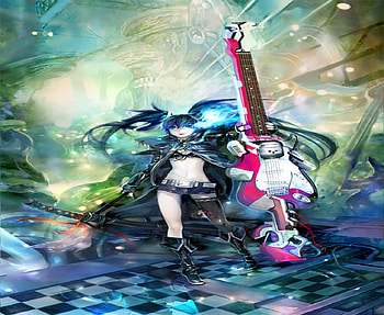 Black Rock Shooter, guitar, twin tails, black dress, music, female, coat, sexy, light eye, magic, hot, bikini, rock, grow eye, anime girl, cool, bra HD wallpaper